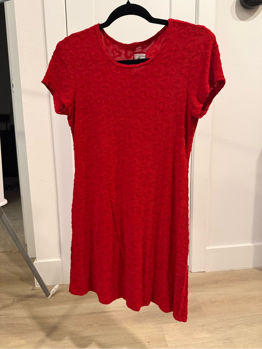 Red Short Sleeve Heart-Texture Dress